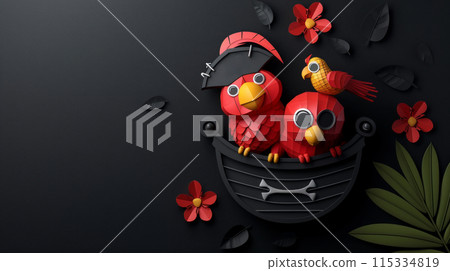 Three cartoon paper parrots, a pirate captain and two crew members, ride in a treasure chest against a black background. 115334819
