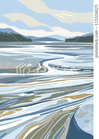 A minimalist illustration of a peaceful coastal landscape, featuring a winding river and distant hills under a bright blue sky. 115334825