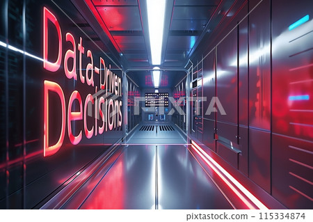 A futuristic, sterile corridor lit by red neon lights leads to a data center, highlighting the importance of data-driven decisions in the digital age. 115334874