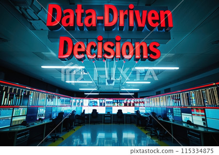 A modern control room with multiple screens displaying data, signifying the importance of data-driven decisions in the modern world. 115334875