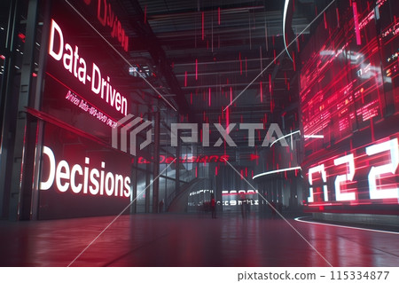 A futuristic control room with holographic displays and the phrase Data-Driven Decisions on a large screen. 115334877