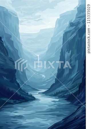minimalist depiction of a river flowing through towering mountain canyons. 115335029