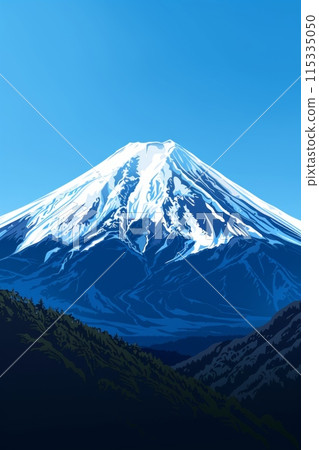 minimalist depiction of Mount Fuji, showcasing the iconic peak and snowy slopes against a bright blue sky. 115335050