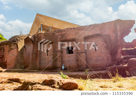 Rock cut monolithic ortodox church of Bete Qeddus Mercoreus, Lalibela, Amhara Region, Ethiopia. 115335390