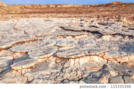 Frozen magma and mineral fields volcanic landscape, Danakil Depression desert, Afar triangle region, Ethiopia 115335398