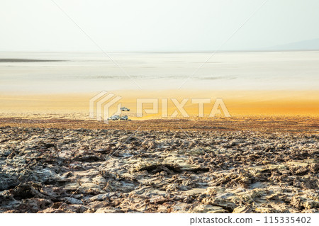 Mineral fields volcanic landscape and salt lake desert with 4wd cars, Danakil Depression desert, Afar triangle region, Ethiopia 115335402