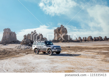 Limestone prehistoric chimneys at the bottom of dried lake and offroad vehicle, salt lake Abbe, Dikhil region, Djibouti 115335413
