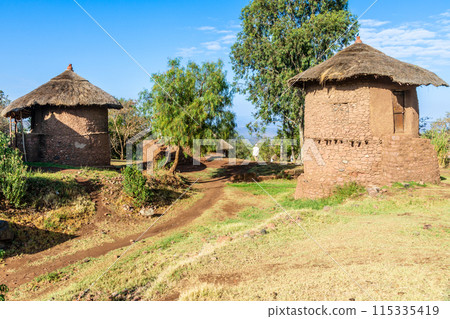Traditional ethiopian village with thatch roof stone round houses, Lalibela, Amhara Region, Ethiopia. Traditional ethiopian village with thatch roof stone round houses, Lalibela, Amhara Region, Ethiopia. 115335419
