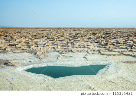 Karum white dried salt lake surface with small pond of water, Danakil Depression desert, Afar region, Ethiopia Karum white dried salt lake surface with small pond of water, Danakil Depression desert, Afar region, Ethiopia 115335421
