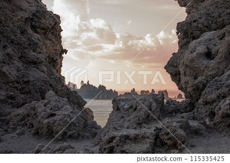 Limestone prehistoric chimneys geological rock formations, salt lake Abbe, Dikhil region, Djibouti Limestone prehistoric chimneys geological rock formations, salt lake Abbe, Dikhil region, Djibouti 115335425