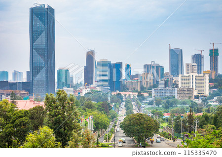 Growing development of central business district with modern skyscrapers of downtown of Adis Ababa, Ethiopia 115335470