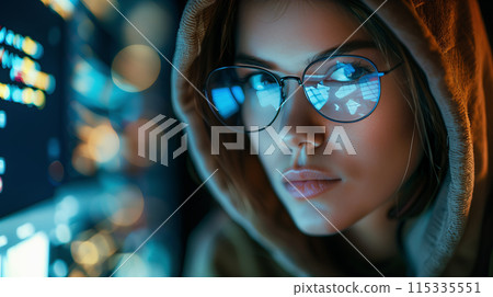 A close-up portrait of a young female computer programmer looking at the code 115335551