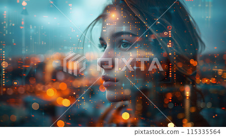 A woman overlaid with cityscape and data. The intersection of urban life and digital information 115335564
