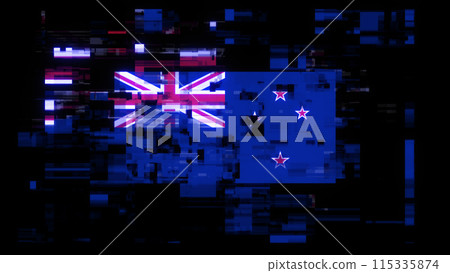 3D rendering flag New Zealand with screen effects of technological glitches 3D rendering flag New Zealand with screen effects of technological glitches 115335874