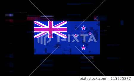 3D rendering flag New Zealand with screen effects of technological glitches 3D rendering flag New Zealand with screen effects of technological glitches 115335877