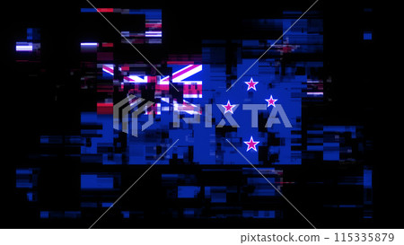 3D rendering flag New Zealand with screen effects of technological glitches 3D rendering flag New Zealand with screen effects of technological glitches 115335879