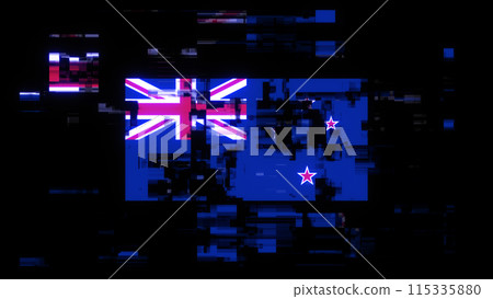3D rendering flag New Zealand with screen effects of technological glitches 3D rendering flag New Zealand with screen effects of technological glitches 115335880