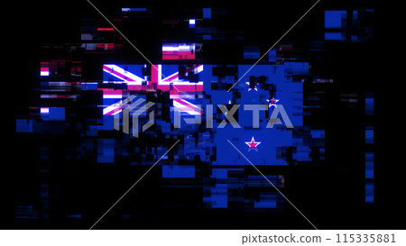 3D rendering flag New Zealand with screen effects of technological glitches 3D rendering flag New Zealand with screen effects of technological glitches 115335881