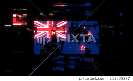 3D rendering flag New Zealand with screen effects of technological glitches 3D rendering flag New Zealand with screen effects of technological glitches 115335887
