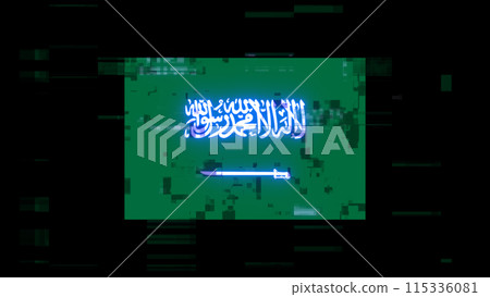 3D rendering flag Saudi Arabia with screen effects of technological glitches 115336081