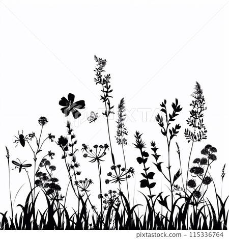 Black and white meadow flowers and grass are painted in watercolor, white background Black and white meadow flowers and grass are painted in watercolor, white background 115336764