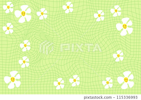 Green groovy psychedelic checkerboard pattern with white daisy flowers. Hippie funky textures. Stock vector illustration in flat style. Green groovy psychedelic checkerboard pattern with white daisy flowers. Hippie funky textures. Stock vector illustration in flat style. 115336993
