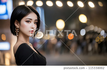 AI 生成的圖像：身穿黑色洋裝的女性站在路燈背景下 115338002