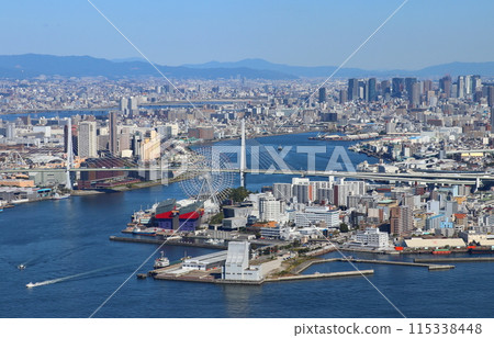View of Osaka South Port from a high-rise building observation deck: View from Tempozan towards Umeda 115338448