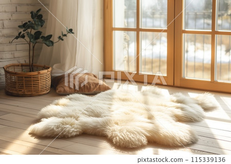 White fur on the floor in a room with a large window. Cozy place in home White fur on the floor in a room with a large window. Cozy place in home 115339136