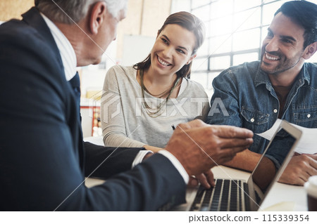 Discussion, couple and financial advisor with laptop for consulting, insurance plan or investment in office. Advice, screen and man broker with people for meeting, loan application or information Discussion, couple and financial advisor with laptop for consulting, insurance plan or investment in office. Advice, screen and man broker with people for meeting, loan application or information 115339354