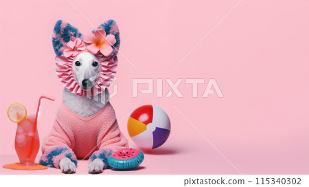 Funny dog wearing summer fashion on pastel background. Summer Vacation Concept. Funny dog wearing summer fashion on pastel background. Summer Vacation Concept. 115340302