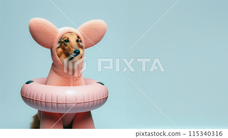 Funny dog wearing summer fashion on pastel background. Summer Vacation Concept. 115340316