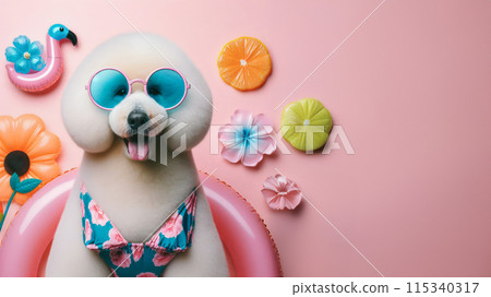 Funny dog wearing summer fashion on pastel background. Summer Vacation Concept. 115340317