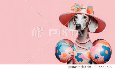 Funny dog wearing summer fashion on pastel background. Summer Vacation Concept. 115340320