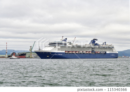 Photographing the cruise ship Celebrity Millennium entering Hakodate Port in Hakodate, Hokkaido in early summer 115340366