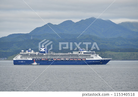 Photographing the cruise ship Celebrity Millennium sailing through Hakodate Bay in Hakodate, Hokkaido in early summer Photographing the cruise ship Celebrity Millennium sailing through Hakodate Bay in Hakodate, Hokkaido in early summer 115340518