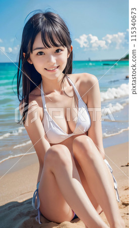 夏季空蕩蕩的海灘上穿著比基尼泳衣微笑的年輕女子 115340673