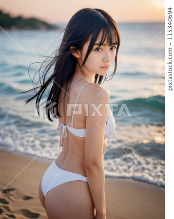 Smiling young woman in bikini swimsuit on the beach at sunset 115340694