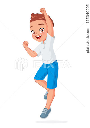 Excited little boy jumping with one hand in the air. Cartoon vector illustration. 115340905