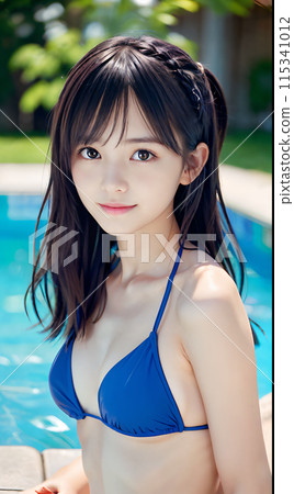 Young woman in swimsuit smiling by the pool against blue sky 115341012