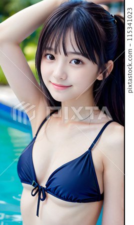 Young woman in swimsuit smiling by the pool against blue sky 115341023