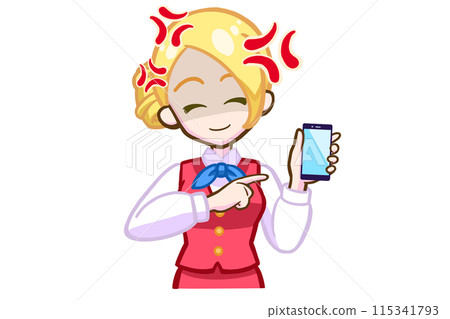 A smiling blonde woman angrily holding a smartphone and pointing A smiling blonde woman angrily holding a smartphone and pointing 115341793