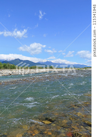 Azumino in May: Takase River and the Northern Alps Azumino in May: Takase River and the Northern Alps 115341948