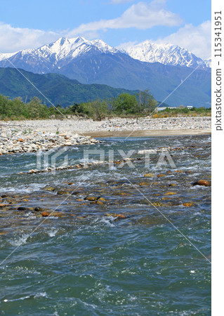 Azumino in May: Takase River and the Northern Alps Azumino in May: Takase River and the Northern Alps 115341951