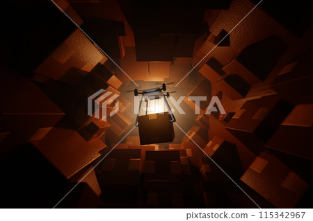 Drone delivery parcel into tunnel full of parcel boxes try to find exit, future express delivery Drone delivery parcel into tunnel full of parcel boxes try to find exit, future express delivery 115342967