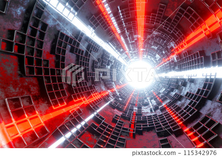 Flying into sci-fi tunnel with glowing neon light, loop motion graphic for technology concept, 3D Flying into sci-fi tunnel with glowing neon light, loop motion graphic for technology concept, 3D 115342976