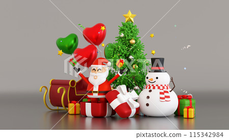 Santa clause with sleigh near snowman and Christmas tree gifts box, Happy New year and Merry 115342984