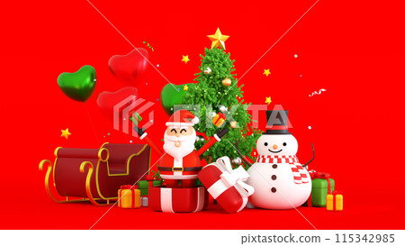 Santa clause with sleigh near snowman and Christmas tree gifts box, Happy New year Merry Christmas Santa clause with sleigh near snowman and Christmas tree gifts box, Happy New year Merry Christmas 115342985