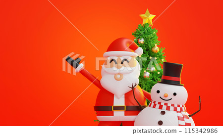 Happy Santa Claus snowman cheer up and raise hand up, merry Christmas, 3D rendering. Happy Santa Claus snowman cheer up and raise hand up, merry Christmas, 3D rendering. 115342986