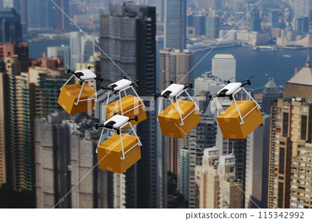 Group of drone delivering parcel box in urban city, futuristic express delivery, 3D rendering. 115342992